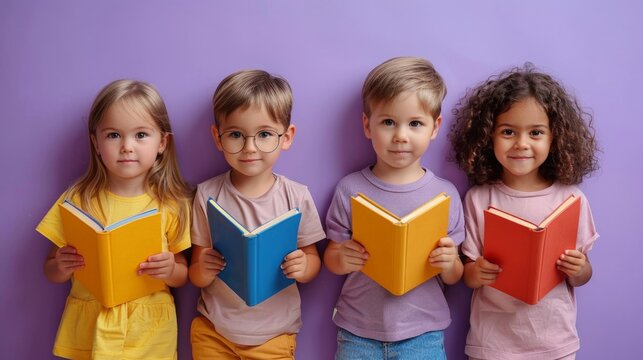 Diverse Group of Preschool Children Holding Colorful Books Against Purple Background
