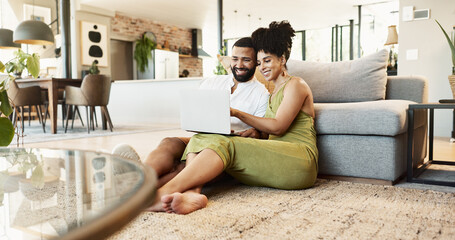 Laptop, relax and black couple on floor for watching movies, entertainment and streaming in living...