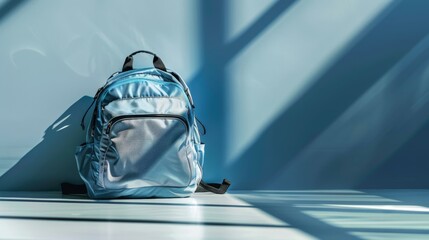 Blue Backpack Against Modern Shadow-Casted Wall - Minimalist Urban Lifestyle Concept isolated Background with copy space