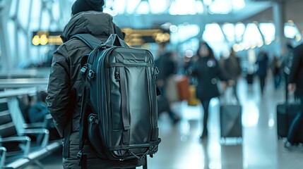 Fototapeta premium Photo of, a versatile convertible backpack-suitcase hybrid in an airport, with a blurred background of busy travelers. copy space for text.