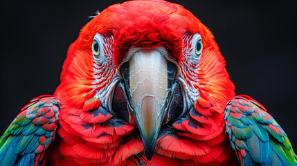 Fototapeta premium Portrait of macaw parrot on black background. Tropical bird with colorful bright plumage. Bird's feathers have many bright shades, including dark red, blue, green and yellow. Close-up. Copy space.