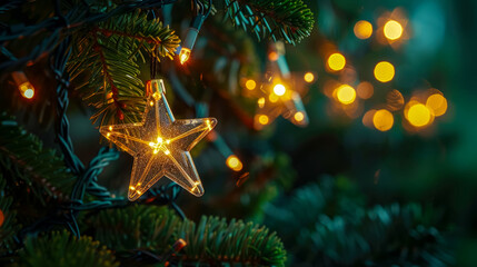 Star-shaped christmas lights on fir tree. Close-up shot of star-shaped Christmas light hanging on decorated tree, with other lights blurred in festive background. Bokeh effects. Copy space.