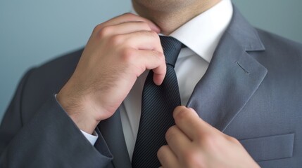 Close-up of a well-dressed man in a blue suit making adjustments to his tie, with focus on his hands and attire