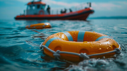 Fototapeta premium safety equipment rubber ring or a buoy that floats in the sea to save the lives of drowning people. with a rescue boat in the background