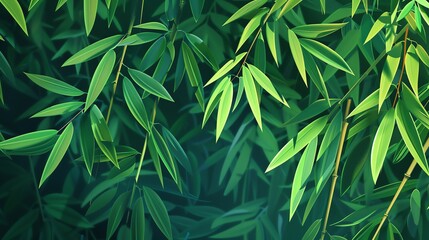 Artistic depiction of bamboo leaves with vibrant green hues, presented in a flat design style with clean lines