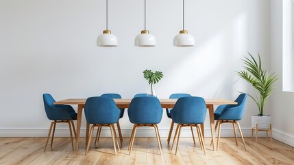 Wooden dining table and blue chairs. Scandinavian home interior design of modern dining room. copy space for text.