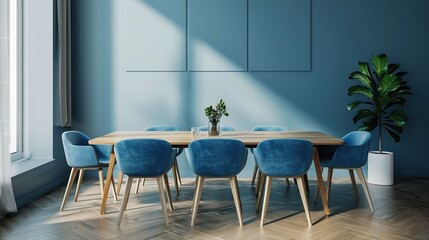 Obraz premium Wooden dining table and blue chairs. Scandinavian home interior design of modern dining room. copy space for text.