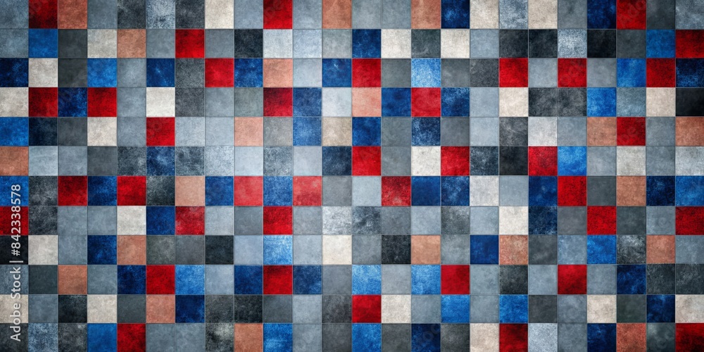 Poster a colorful tile pattern with red, blue, and white squares