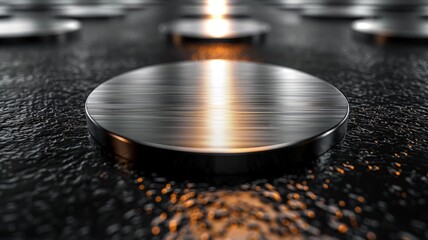 Fototapeta premium Detailed close-up of shiny metal discs arranged on a textured black surface, illuminated by soft, warm light, showcasing industrial design.
