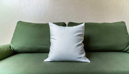 blank white polyester pillow with no pillow sitting on a couch - closeup mockup template