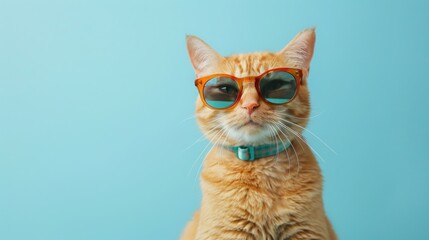 ginger cat wearing sunglasses on blue background