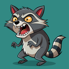 A cartoon raccoon with open mouth and sharp teeth