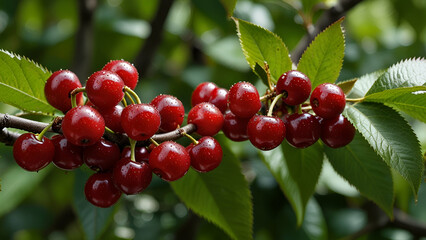 Fototapeta premium Luscious cherries hanging ripe and red on the trees, ready for harvest, painting the orchard in a vibrant burst of color and flavor.