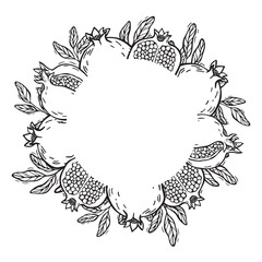Round frame with fruits and pomegranate leaves, round field for text. Vector botanical black and white round frame, hand drawn in graphic style. Drawing for food and cosmetics packaging design, menu.