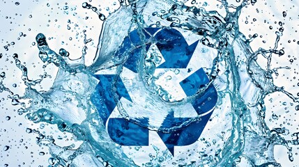 Blue water splashes creating a recycling symbol on a white background, emphasizing eco-consciousness