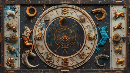 Fototapeta premium Colorful illustration of the 12 zodiac signs with space for your text in an editorial style