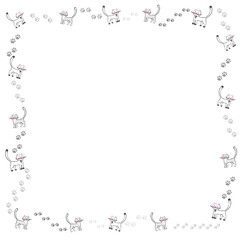  Decorative Frame for text with a cartoon cat. Vector Illustration of a cartoon cat with a frame on white background. Children's frame. School frame for text. Birthday background with cat. 