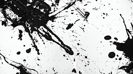 Black ink splattered on a white background. The ink is in various shapes and sizes, and some of the splatters are quite large.