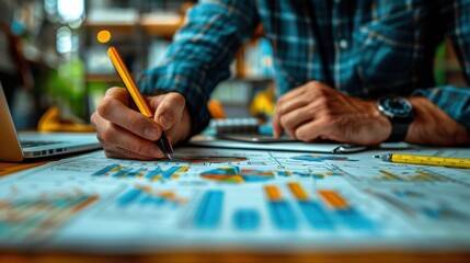 Obraz premium A business professional analyzing financial charts and data in a modern office environment, focusing on detailed financial planning.