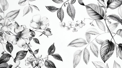 Black and white detailed pencil drawing of various flowers and leaves on a white background.