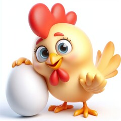 a 3D Full body funny chicken hen holding an egg in her hand, white background