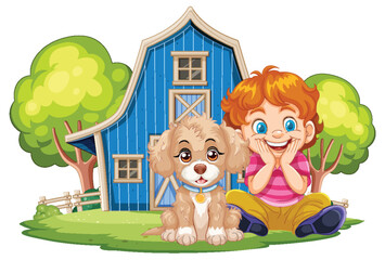 Happy boy and puppy sitting together