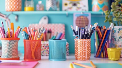 neatly arranged desk with colourful desk organizers, holding pens, pencils, and office supplies