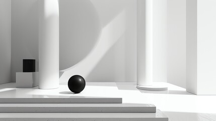 3D rendering of a minimalist scene with a black sphere on a white podium.