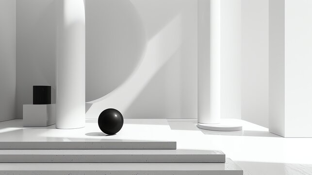3D rendering of a minimalist scene with a black sphere on a white podium.