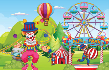 Naklejka premium Clowns, rides, and balloons in a lively amusement park