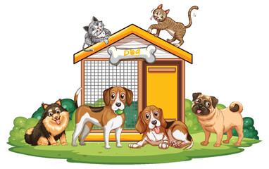 Illustration of dogs and cats near a doghouse