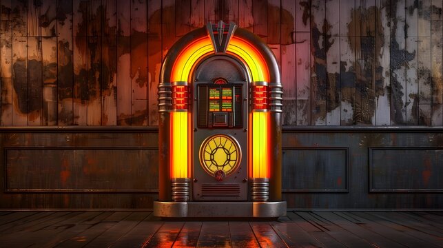 A Classic Jukebox with Glowing Neon Lights on a Rustic Wooden Wall Background