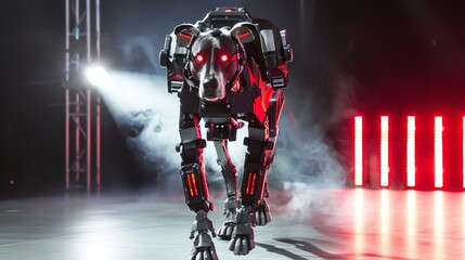 A robot dog with red glowing eyes walks toward the viewer in a dark room. The dog is surrounded by smoke and there are spotlights in the background.