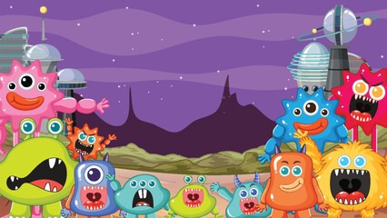 Cute monsters in a futuristic alien landscape