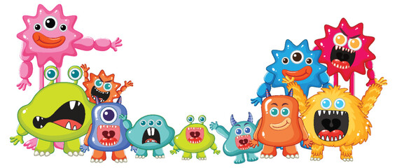 A group of cheerful, colorful cartoon monsters
