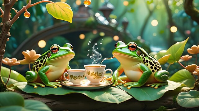 Frogs enjoying tea in a whimsical forest setting: Two cute frogs enjoying a cup of tea on a lily pad in a magical forest, with a warm glow and fairy lights in the background. The image evokes a sense 