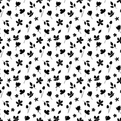 Seamless pattern with black flowers and leaf, floral background, repeat texture hand drawing. Perfectly for wrapping paper, wallpaper, fabric, texture and other printing.