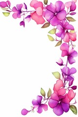 Fototapeta premium bougainvillea themed frame or border for photos . featuring bright pink and purple flowers. watercolor illustration, white color background. 