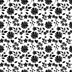 Seamless pattern with black flowers and leaf, floral background, repeat texture hand drawing. Perfectly for wrapping paper, wallpaper, fabric, texture and other printing.