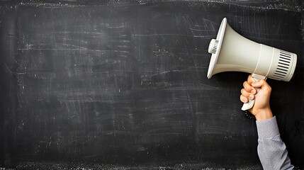 Detailed texture of a large landscape blackboard with a hand holding a megaphone against it.