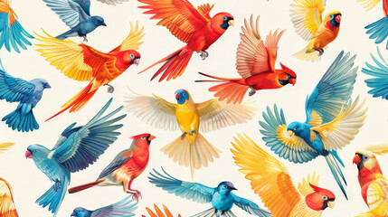 Fototapeta premium Repeating pattern with colorful flying birds on a nature background