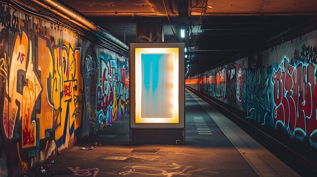 Urban art and graffiti at a city railway underpass with a small vertical street poster billboard.