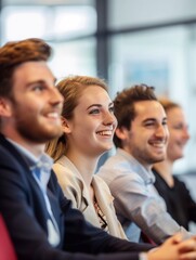 smiling young business people, sitting in an office conference room with confidence while listening to their boss's speech during a team building event. generative AI