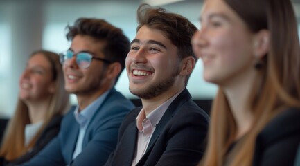 Obraz premium smiling young business people, sitting in an office conference room with confidence while listening to their boss's speech during a team building event. generative AI