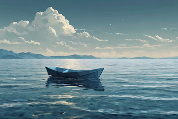 Solitary origami boat adrift on a vast, dreamlike sea. Evoking sadness and the inevitable journey of life.