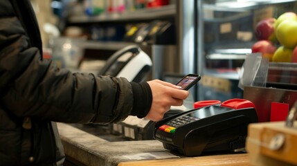Close-up of a customer's hand using a mobile phone to pay using a contactless payment terminal in a store