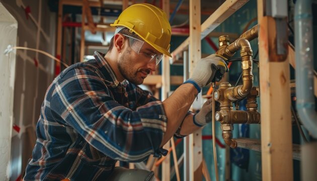 A construction worker in a yellow hard hat and safety glasses installs plumbing in a new home.