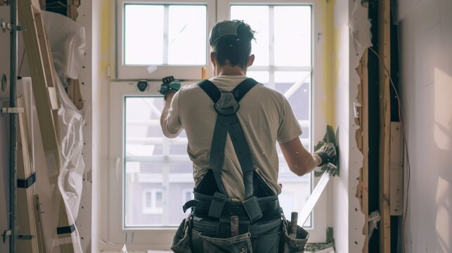 A construction worker uses a power tool to install drywall in a room with a window.