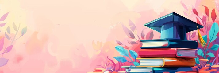 Horizontal banner. Flat illustration. Graduation cap, books and colorful leaves on the pink background. Education concept. Celebrating of graduation, university, institute, school. Free space for text