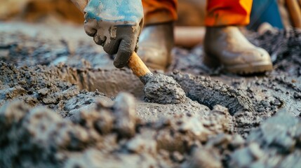 Naklejka premium Close-up of a worker's hand using a trowel to smooth wet concrete.